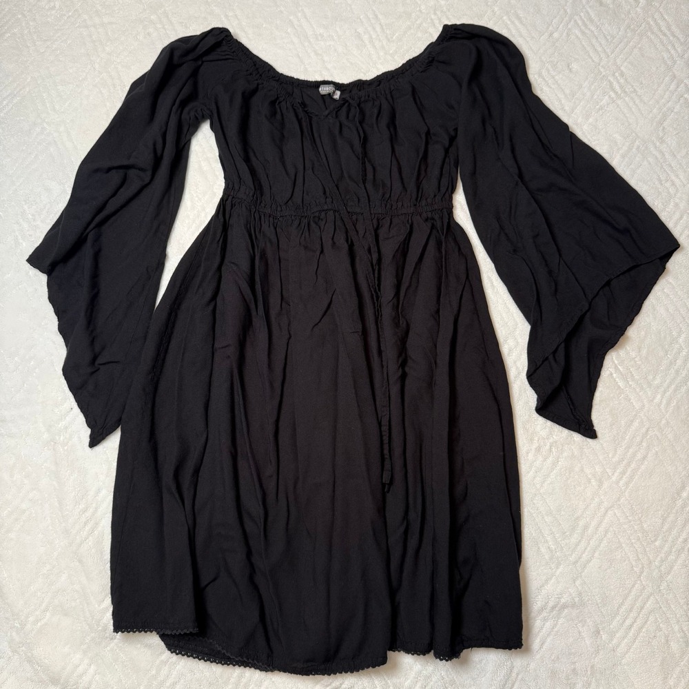 Whimsigoth Boho Earthbound Black Bell Sleeve Peasant Mini Dress S Witchy